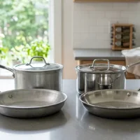 Foto perbandingan dua set alat masak di atas meja dapur dengan latar belakang jendela yang terang. Di sebelah kiri, terdapat panci bertutup dan wajan berbahan alumunium yang permukaannya kusam, bertekstur, dan tampak sering digunakan. Di sebelah kanan, terdapat panci bertutup logam dan wajan berbahan baja tahan karat (stainless steel) yang sangat mengkilap, memantulkan cahaya, dan tampak baru. Latar belakang menunjukkan dapur yang bersih dengan tanaman hijau di luar jendela.