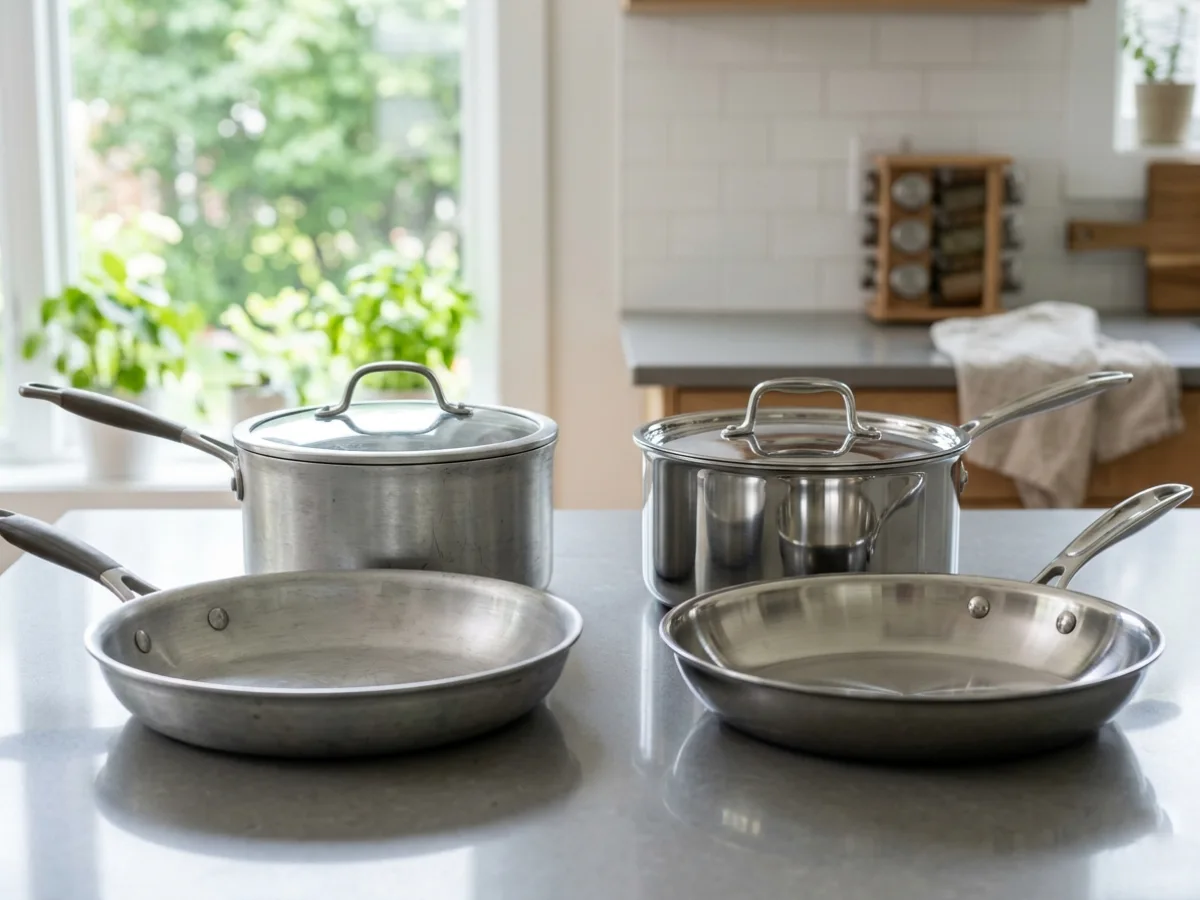 Foto perbandingan dua set alat masak di atas meja dapur dengan latar belakang jendela yang terang. Di sebelah kiri, terdapat panci bertutup dan wajan berbahan alumunium yang permukaannya kusam, bertekstur, dan tampak sering digunakan. Di sebelah kanan, terdapat panci bertutup logam dan wajan berbahan baja tahan karat (stainless steel) yang sangat mengkilap, memantulkan cahaya, dan tampak baru. Latar belakang menunjukkan dapur yang bersih dengan tanaman hijau di luar jendela.