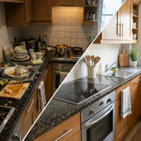 Perbandingan dapur berantakan dan rapi sebagai ilustrasi cara membersihkan dapur yang efektif.