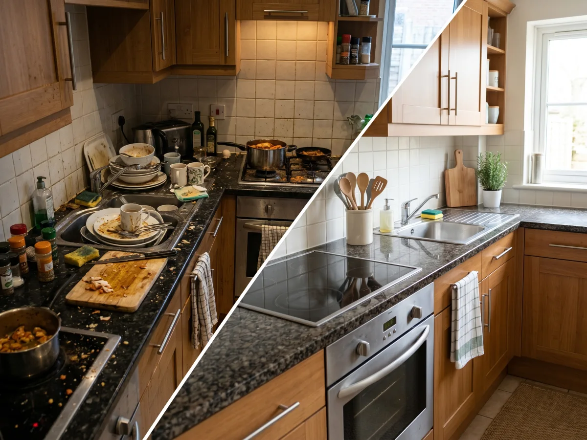 Perbandingan dapur berantakan dan rapi sebagai ilustrasi cara membersihkan dapur yang efektif.