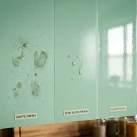 Perbandingan jarak dekat tiga jenis hasil akhir cat dinding berwarna mint dengan latar belakang dapur. Dari kiri ke kanan: Panel berlabel 'Matte Finish' dengan tekstur kasar yang menunjukkan noda minyak dan sidik jari menempel kuat; panel 'Semi-Gloss Finish' yang lebih halus dengan beberapa tetesan cairan di permukaannya; dan panel 'Glossy Finish' yang sangat mulus, mengkilap, serta memantulkan cahaya dengan jelas tanpa noda.
