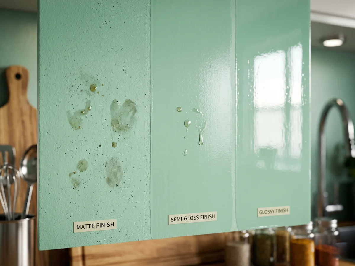 Perbandingan jarak dekat tiga jenis hasil akhir cat dinding berwarna mint dengan latar belakang dapur. Dari kiri ke kanan: Panel berlabel 'Matte Finish' dengan tekstur kasar yang menunjukkan noda minyak dan sidik jari menempel kuat; panel 'Semi-Gloss Finish' yang lebih halus dengan beberapa tetesan cairan di permukaannya; dan panel 'Glossy Finish' yang sangat mulus, mengkilap, serta memantulkan cahaya dengan jelas tanpa noda.