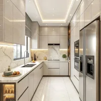 Desain interior dapur mewah modern dengan kabinet high-gloss warna beige lembut, backsplash dan lantai marmer putih, serta pencahayaan cove lighting di plafon yang elegan.