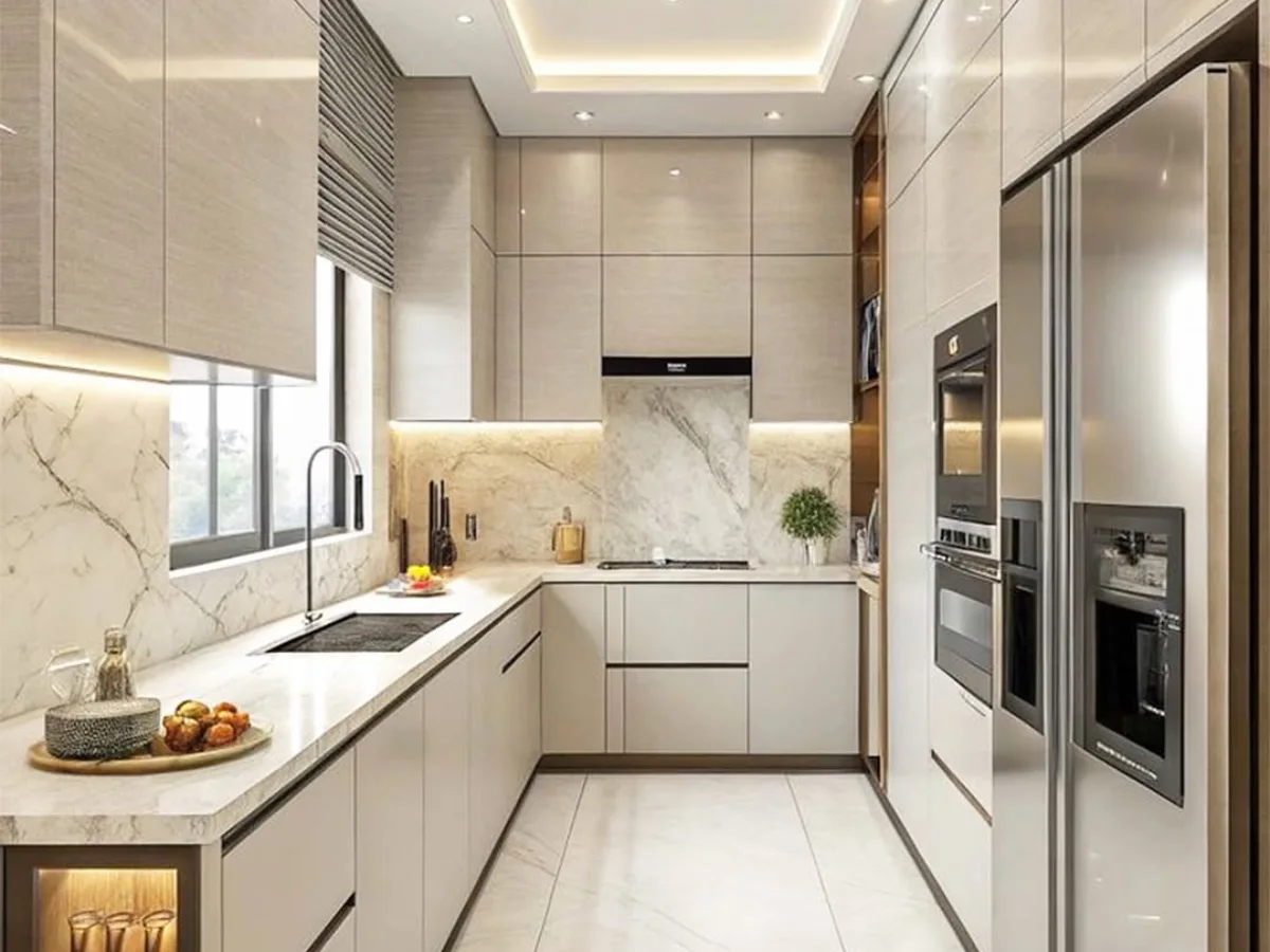 Desain interior dapur mewah modern dengan kabinet high-gloss warna beige lembut, backsplash dan lantai marmer putih, serta pencahayaan cove lighting di plafon yang elegan.
