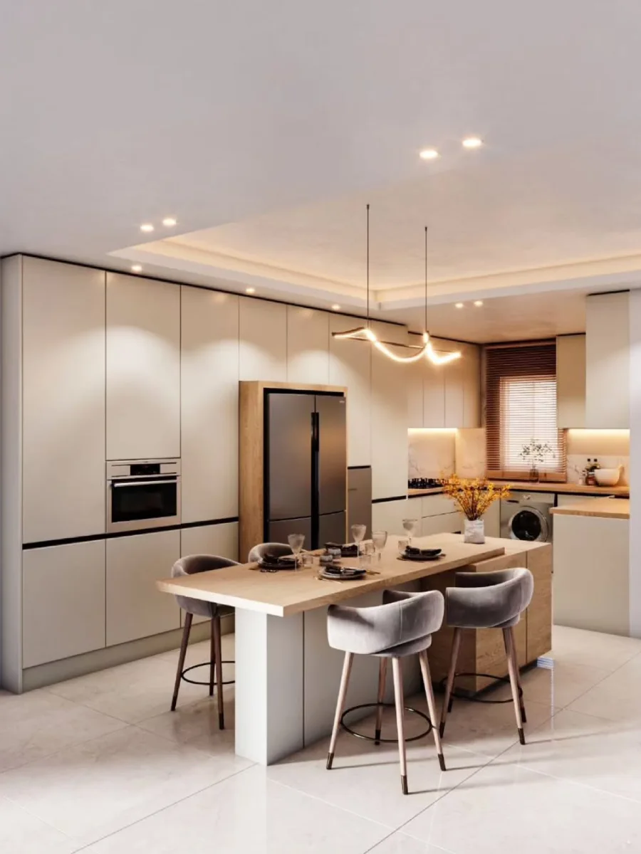 Dapur mewah bergaya Japandi (Japanese Scandinavian) nuansa kayu dan krem dengan kitchen island besar yang menyatu dengan meja makan.