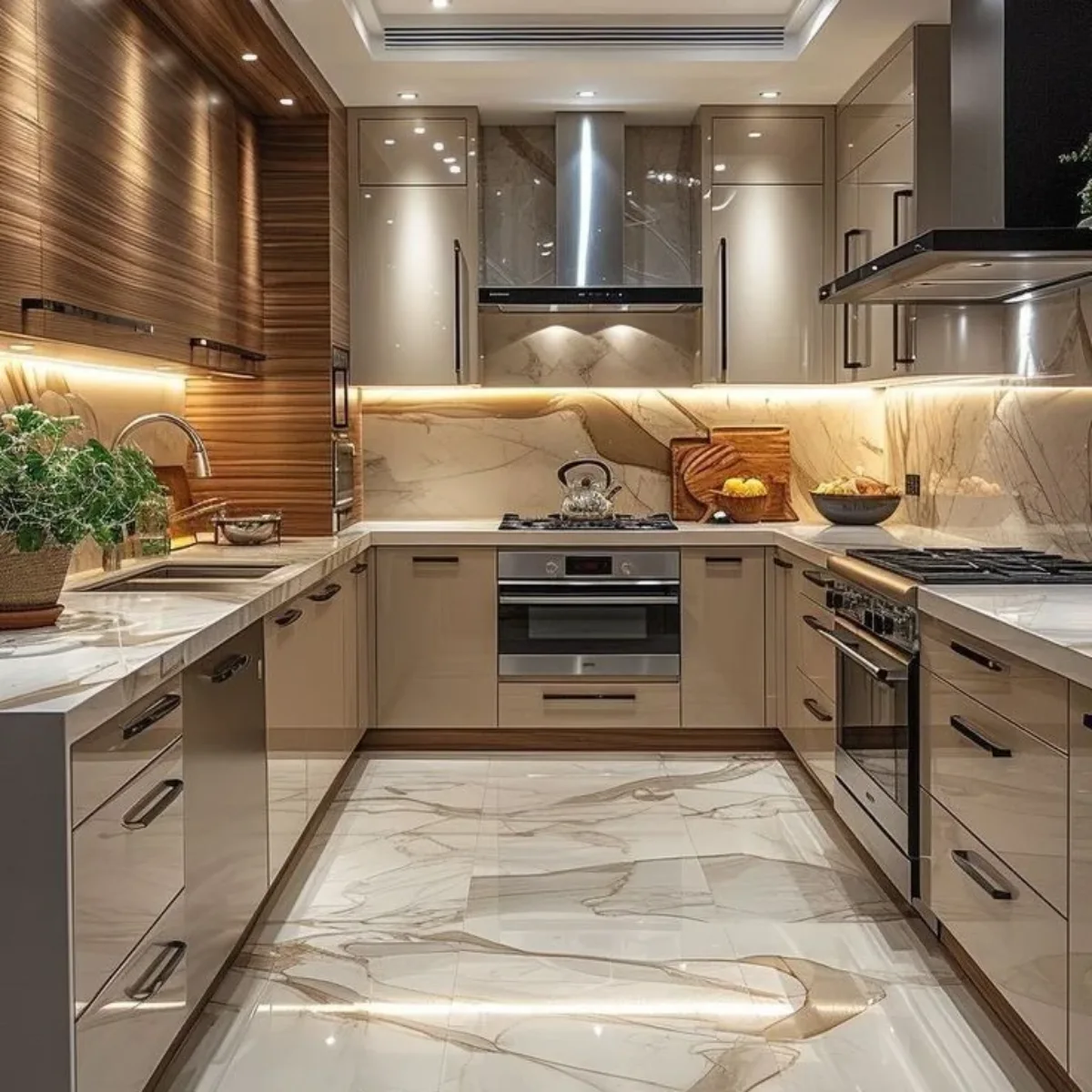 Dapur klasik modern nuansa cokelat emas (mocha) dengan tata letak letter U, lantai marmer mewah, dan pencahayaan hangat.