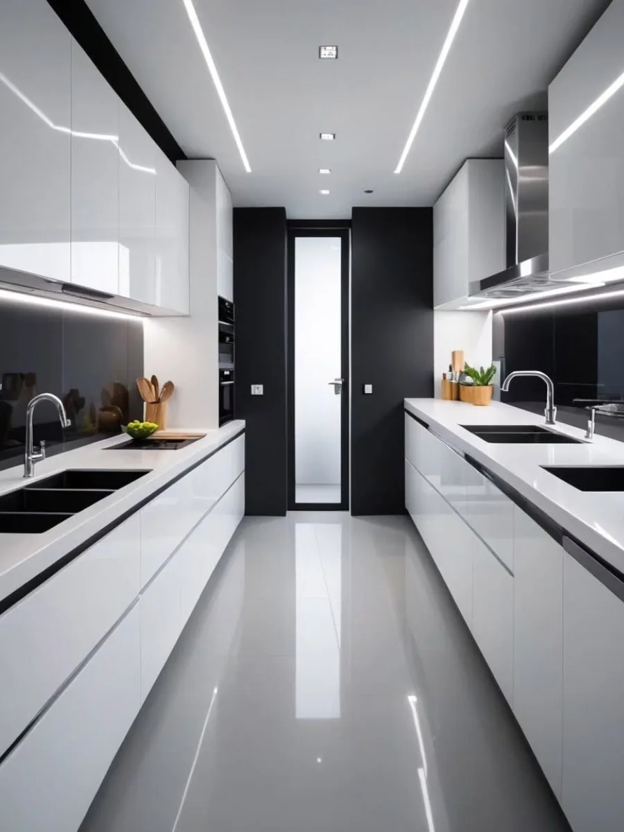 Desain dapur lorong (galley kitchen) modern futuristik bernuansa hitam putih dengan lampu LED plafon linear yang memanjang.