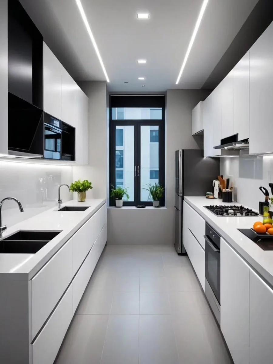 Desain dapur sempit memanjang (narrow kitchen) warna putih bersih dengan jendela besar di ujung ruangan untuk pencahayaan alami.