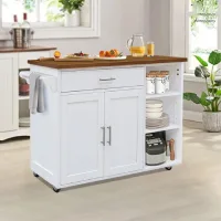 Kitchen cart putih dengan rak penyimpanan terbuka dan kabinet untuk pelengkap dapur modern