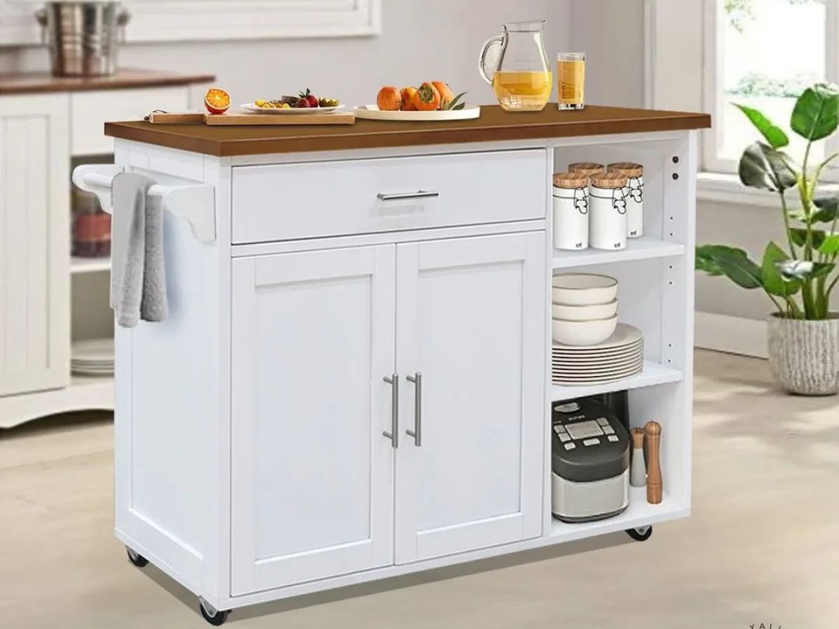 Kitchen cart putih dengan rak penyimpanan terbuka dan kabinet untuk pelengkap dapur modern
