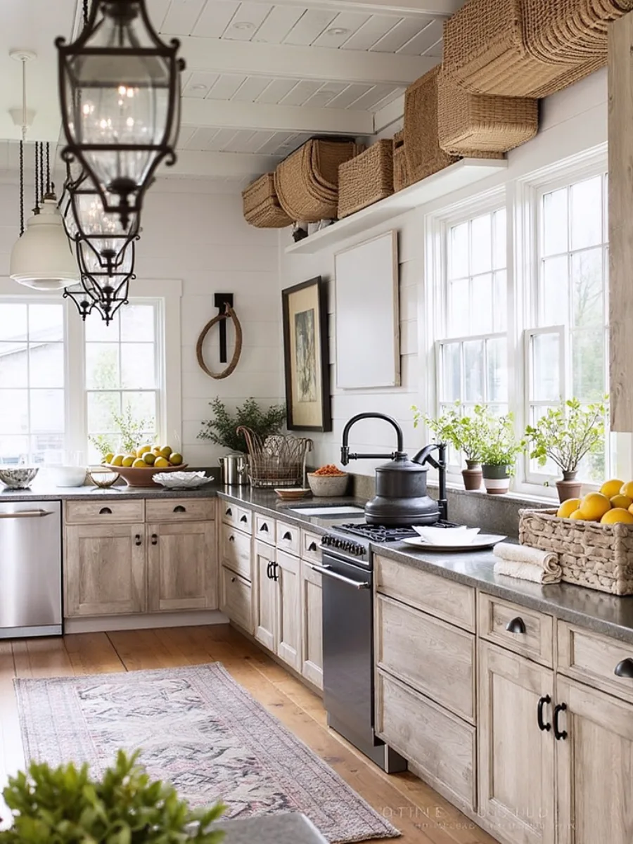 Dapur bergaya rustic farmhouse yang hangat dengan kabinet kayu bertekstur alami, lampu gantung lentera klasik besi hitam, dan deretan keranjang anyaman di rak atas untuk penyimpanan ekstra.