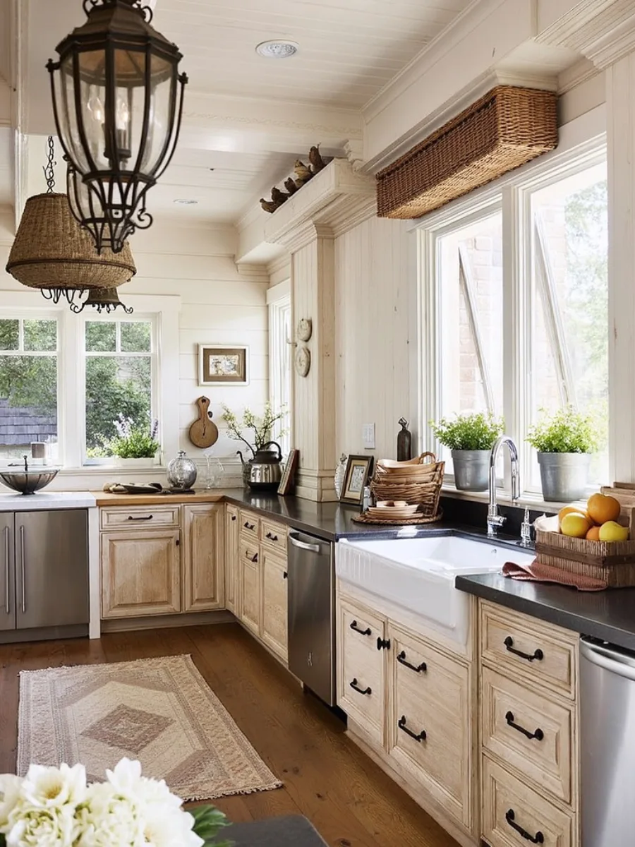 Interior dapur country farmhouse yang terang dengan jendela bukaan lebar, wastafel keramik besar model apron sink, dan aksen kayu natural pada kabinet serta lantai.
