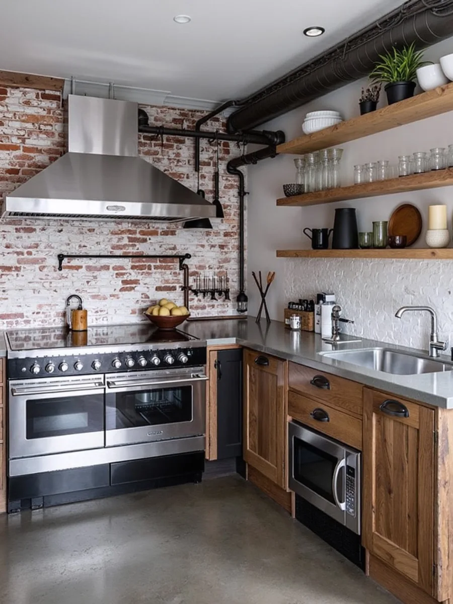 Interior dapur mewah bergaya industrial loft dengan dinding bata merah ekspos cat putih (whitewashed), pipa hitam terekspos, rak kayu panjang, dan kompor stainless steel besar.