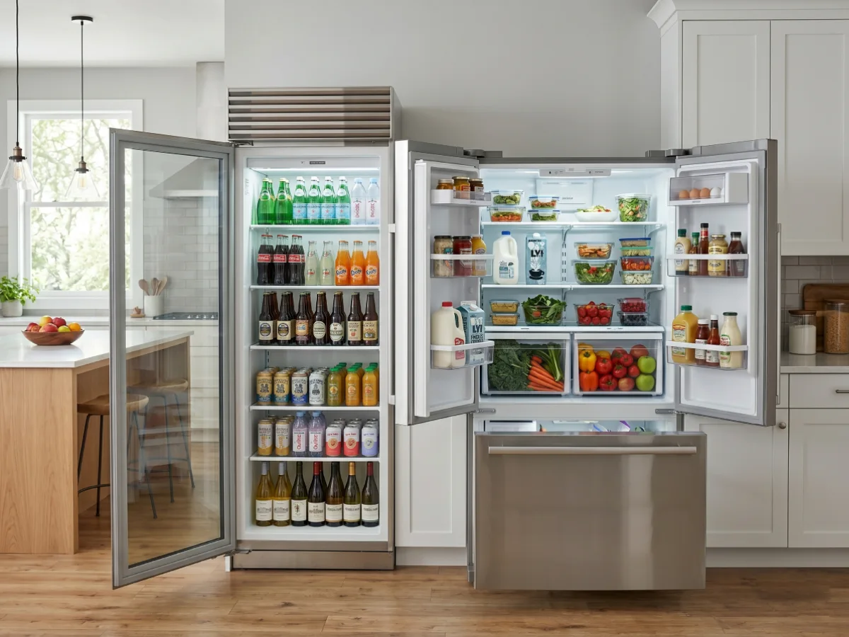 Kulkas premium berkapasitas besar berbahan stainless steel, menampilkan kompartemen minuman berpintu kaca di sisi kiri dan pintu French door di sisi kanan yang terbuka memperlihatkan bahan makanan segar.