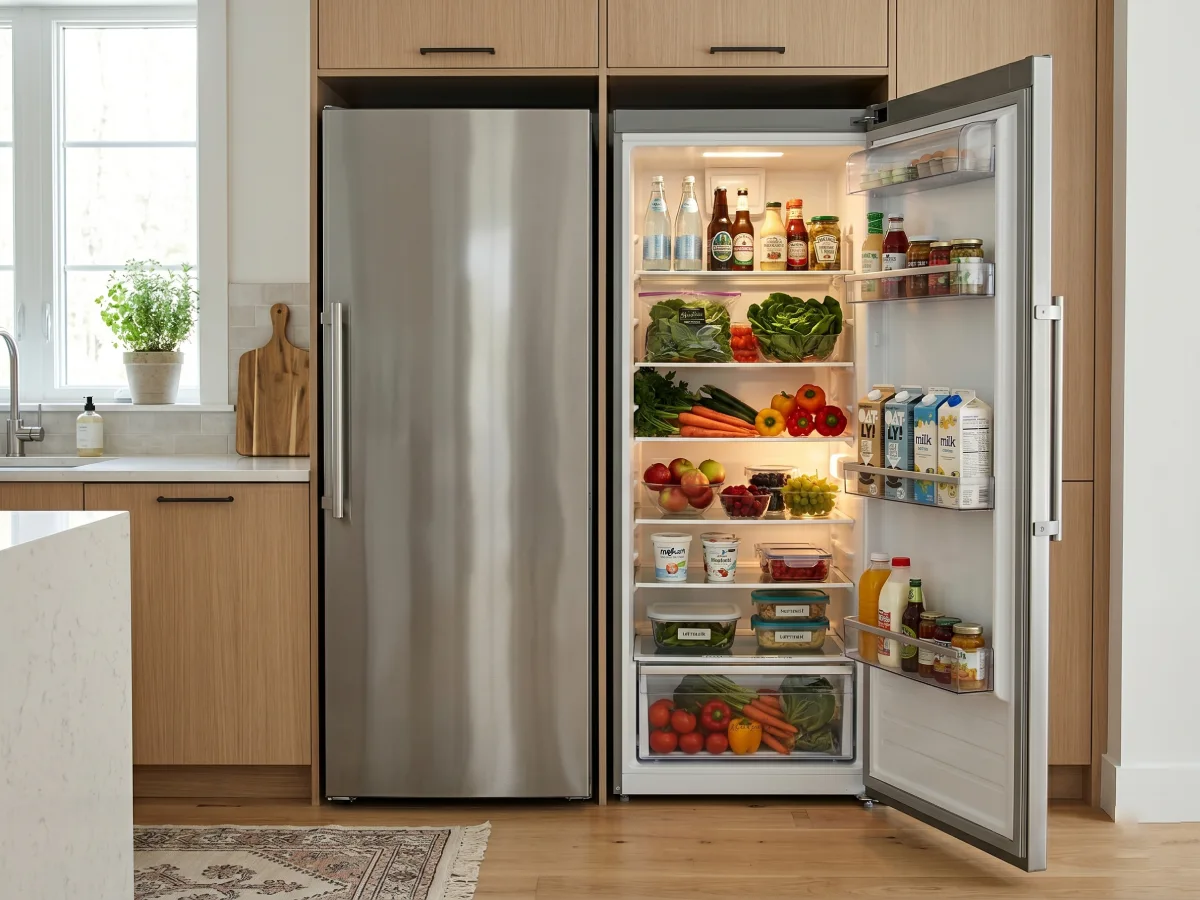 Kulkas satu pintu (column refrigerator) berbahan stainless steel yang diletakkan berdampingan, dengan unit kanan terbuka menampilkan sayuran, buah, dan karton minuman yang tertata di rak.