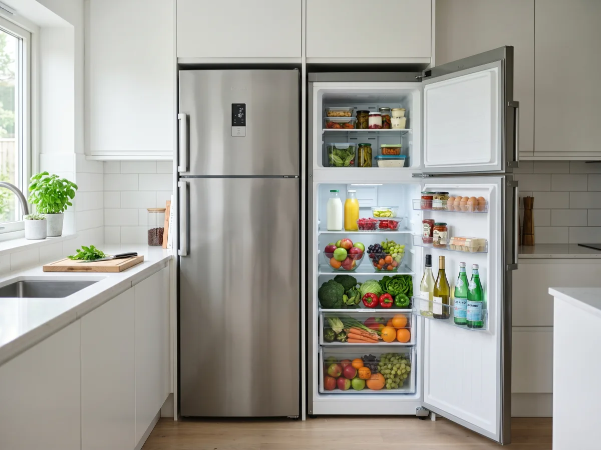 Kulkas dua pintu klasik tipe top freezer berbahan stainless steel, dengan kompartemen utama bagian bawah terbuka berisi rak makanan segar, sayuran, dan sekat botol di area pintu.
