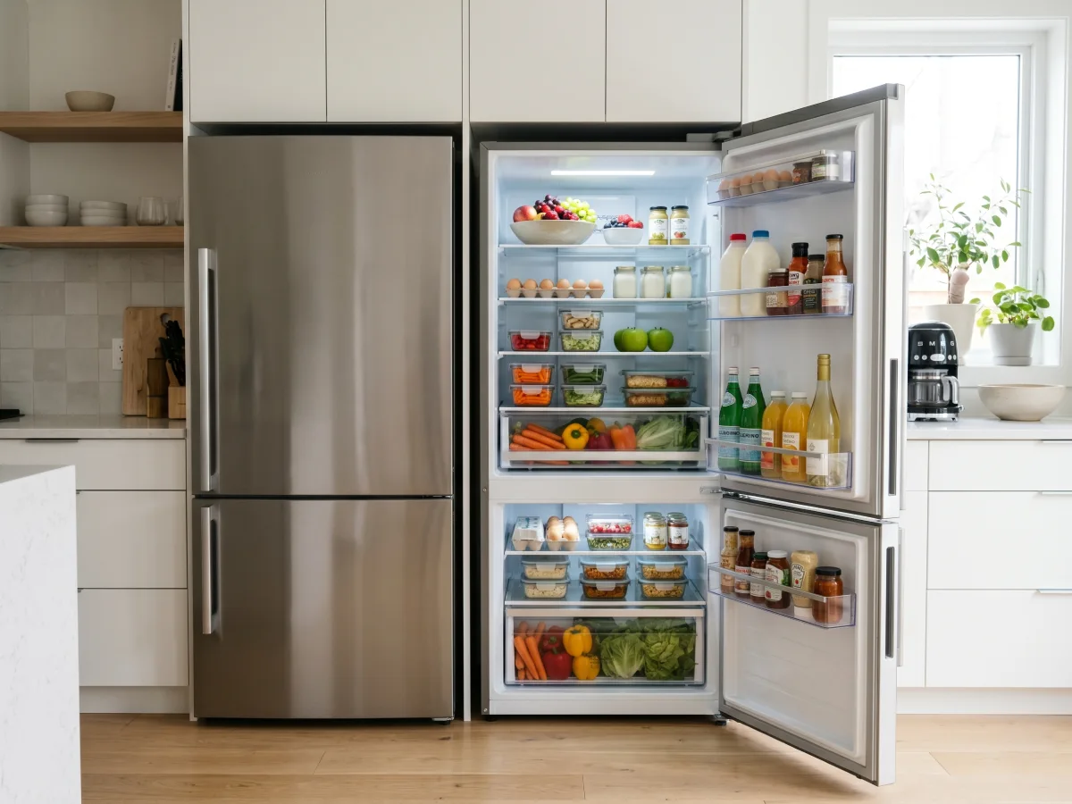 Kulkas tipe bottom freezer berbahan stainless steel dengan kedua pintunya terbuka, menampilkan area pendingin utama di bagian atas dan area pembeku di bagian bawah.