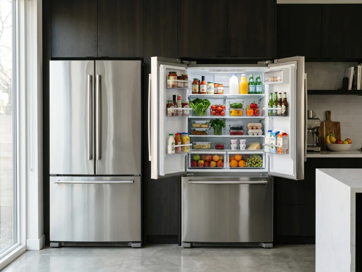 Kulkas French door berbahan stainless steel dengan dua pintu atas terbuka menampilkan ruang penyimpanan yang lebar, dilengkapi laci freezer tarik di bagian paling bawah.