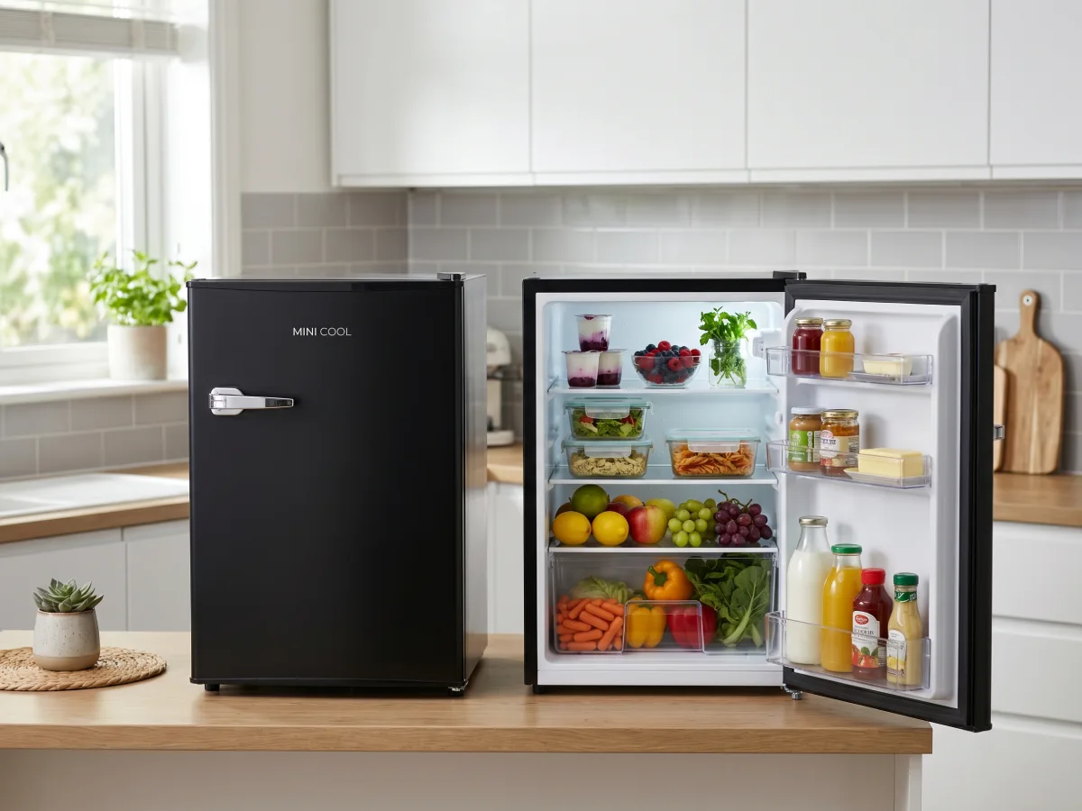 Kulkas mini kompak berwarna hitam yang diletakkan di atas meja dapur kayu, dengan pintu terbuka berisi aneka camilan, buah-buahan, dan minuman ringan.