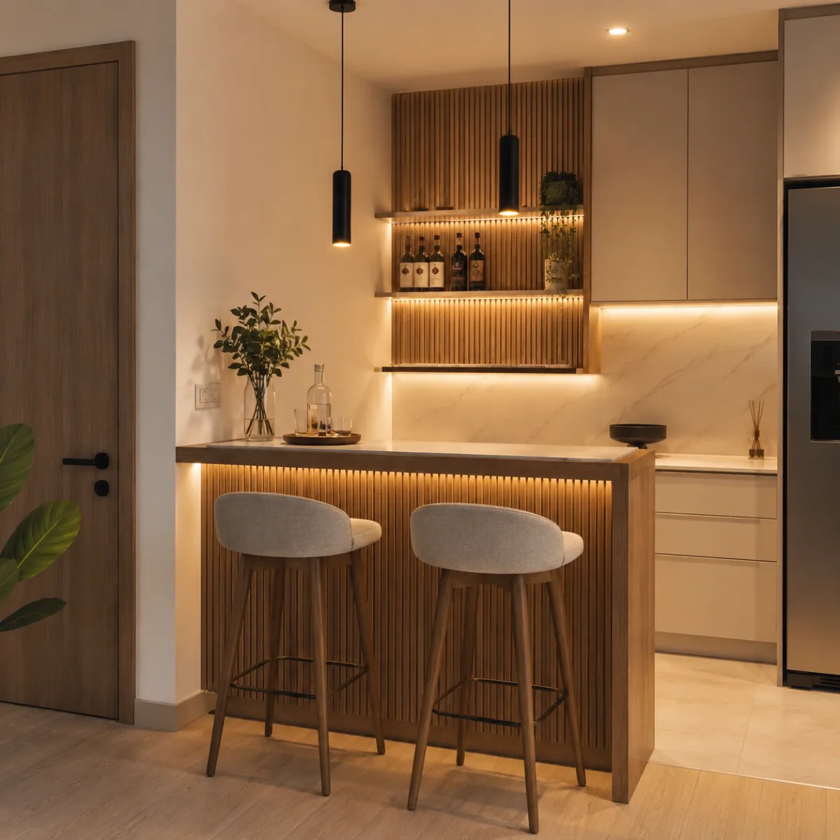 Meja bar dapur minimalis dengan aksen panel kayu vertikal dan pencahayaan lampu LED hangat yang dilengkapi dua kursi bar abu-abu