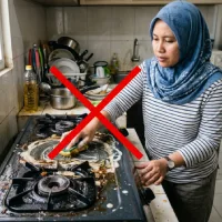 Seorang wanita berhijab melakukan kesalahan membersihkan dapur dengan menyebarkan noda minyak di atas kompor gas menggunakan spons berbusa, ditandai dengan silang merah.