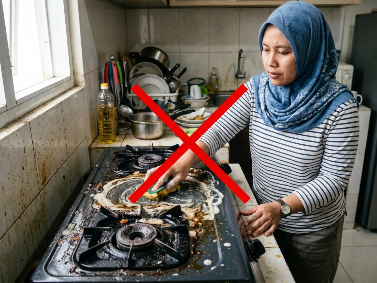 Seorang wanita berhijab melakukan kesalahan membersihkan dapur dengan menyebarkan noda minyak di atas kompor gas menggunakan spons berbusa, ditandai dengan silang merah.
