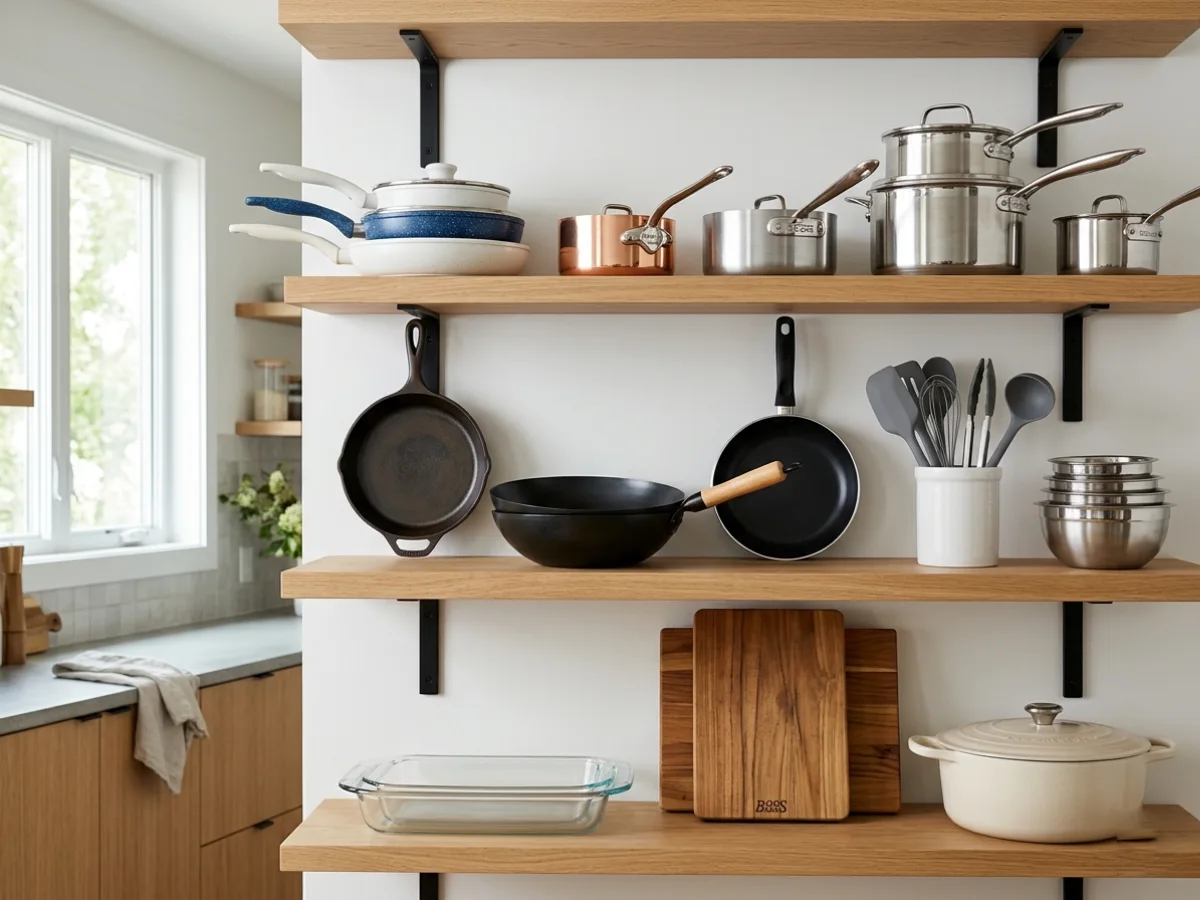 Rak dapur kayu terapung empat tingkat yang ditata rapi menampilkan berbagai peralatan masak seperti wajan keramik, panci stainless steel dan tembaga, wok, alat silikon, mangkuk, loyang kaca, talenan kayu, dan Dutch oven, dengan latar belakang dapur minimalis yang cerah.