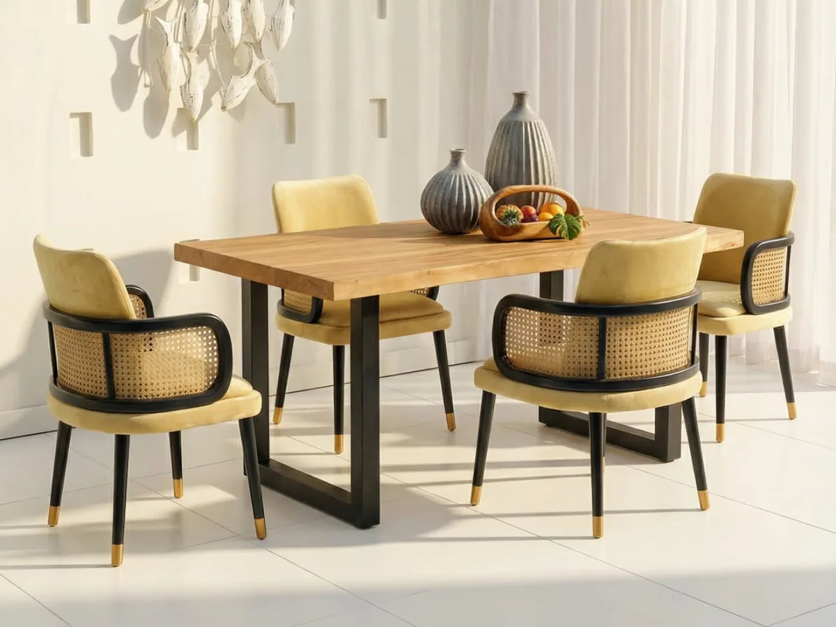 Meja makan minimalis 4 kursi berbahan kayu dengan kombinasi kursi rotan modern di ruang makan bernuansa terang dan elegan.