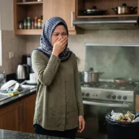 Seorang wanita berhijab menutup hidung karena terganggu aroma tidak sedap dari tempat sampah, ilustrasi pentingnya cara menghilangkan bau dapur.