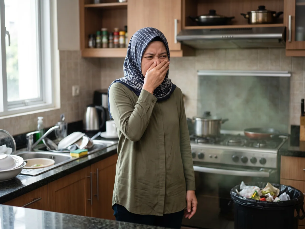 Seorang wanita berhijab menutup hidung karena terganggu aroma tidak sedap dari tempat sampah, ilustrasi pentingnya cara menghilangkan bau dapur.
