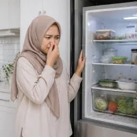 Wanita muslim Indonesia berhijab menutup hidung di depan kulkas terbuka di dapur putih modern karena bau tidak sedap