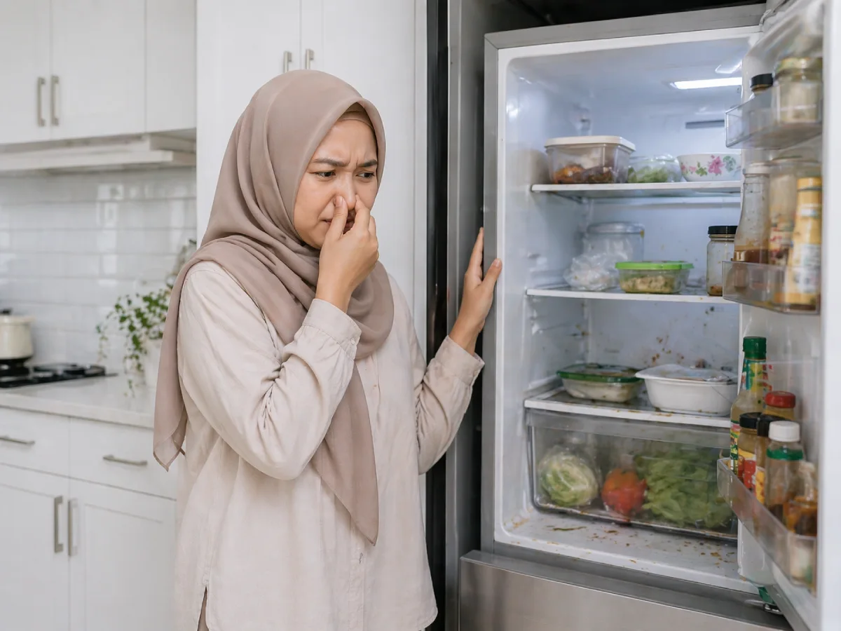 Wanita muslim Indonesia berhijab menutup hidung di depan kulkas terbuka di dapur putih modern karena bau tidak sedap