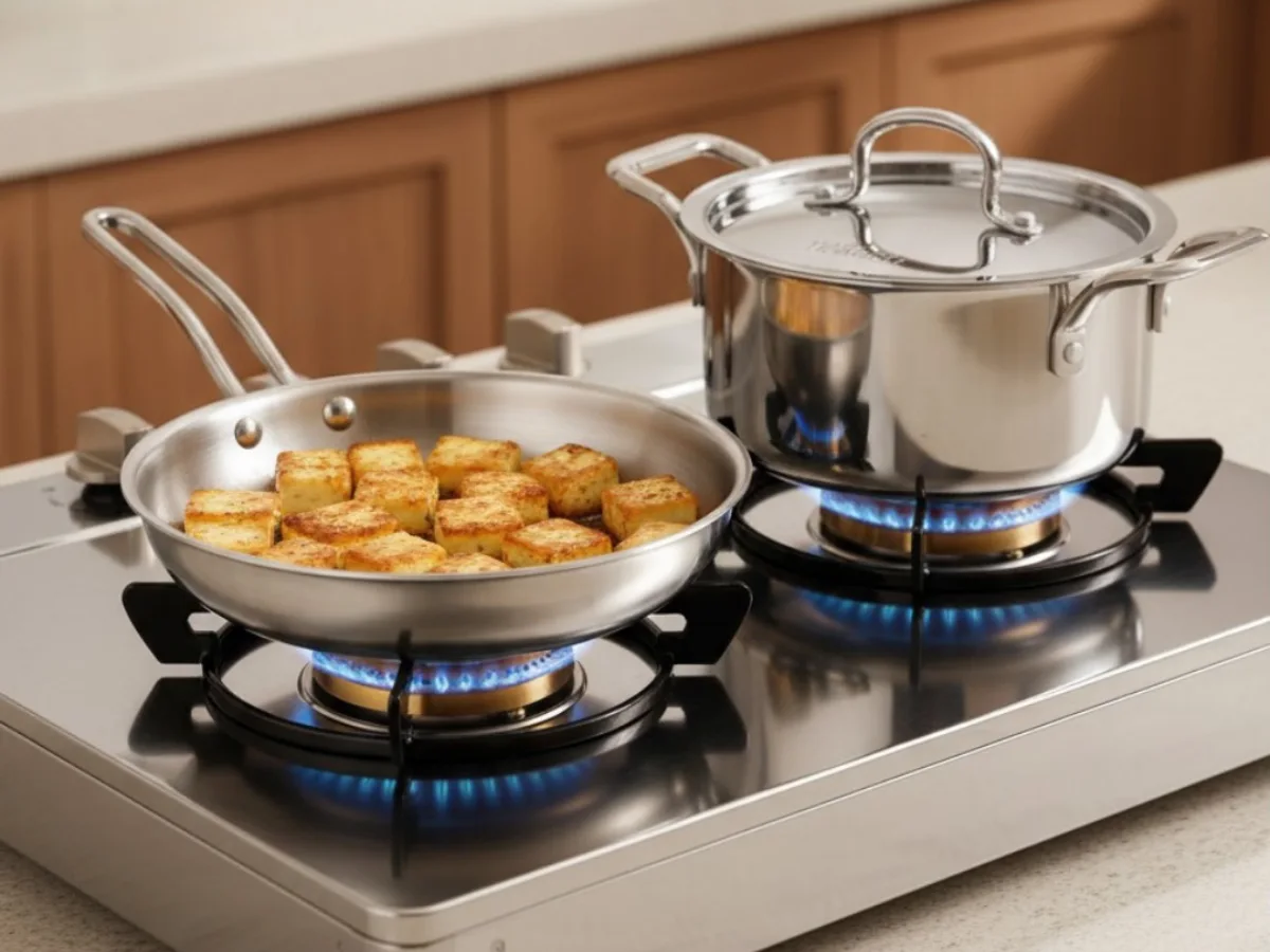 Panci dan wajan stainless steel di atas kompor gas dengan hasil masakan, tampak bersih dan mengilap di dapur modern