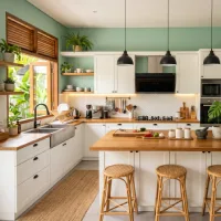 Dapur berdesain modern tropis dengan kabinet putih, meja dapur kayu, dinding hijau mint, dan pulau dapur di tengah dengan tiga kursi bar rotan.