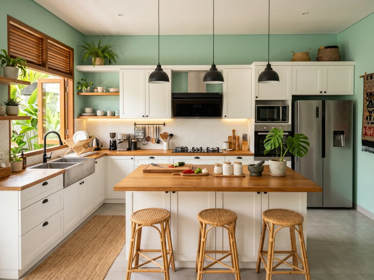 Dapur berdesain modern tropis dengan kabinet putih, meja dapur kayu, dinding hijau mint, dan pulau dapur di tengah dengan tiga kursi bar rotan.