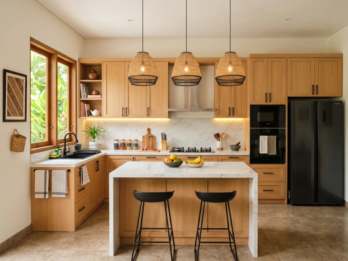 Inspirasi dapur bergaya Japandi memadukan warna putih bersih dan furnitur kayu terang, dilengkapi dengan sentuhan aksen hitam modern pada kursi bar dan lampu.