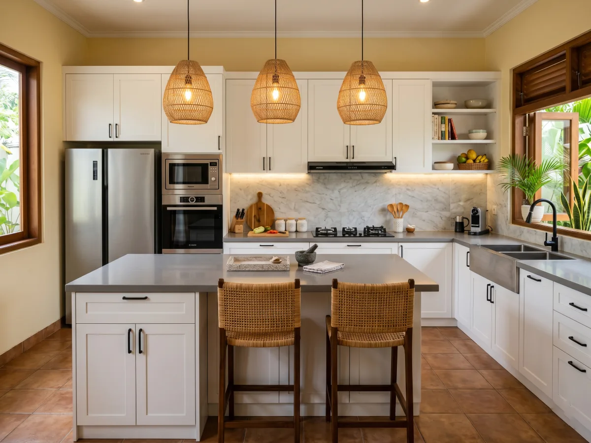 Dapur modern dengan dinding berwarna kuning hangat, kabinet putih bersih, meja island abu-abu, dan lampu gantung anyaman rotan yang estetik.