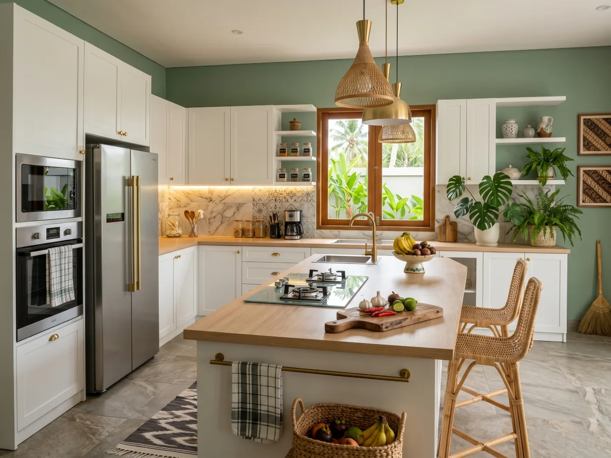 Dapur estetik bernuansa tenang dengan cat dinding hijau sage, kabinet putih bersih, meja island berbahan kayu, dan dekorasi tanaman hias indoor.