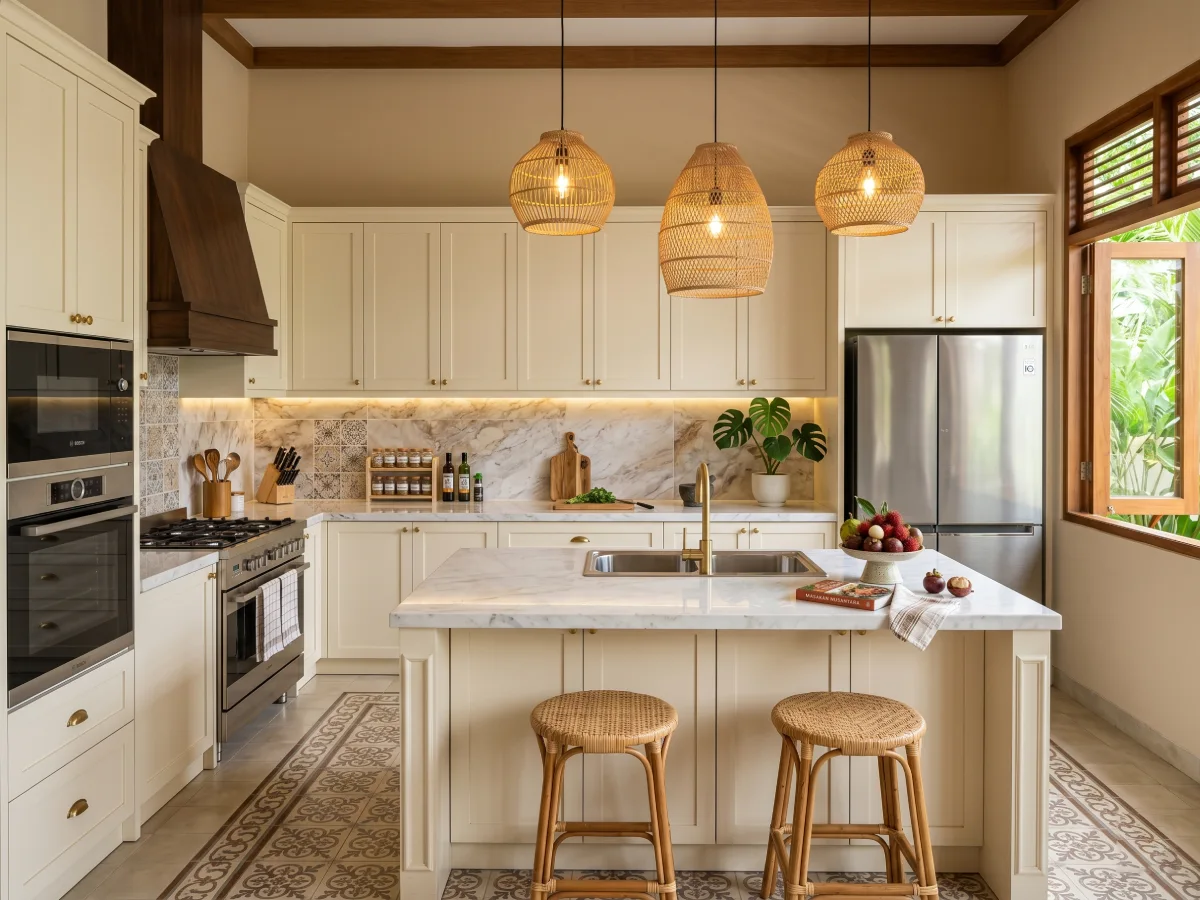Desain dapur berkonsep kalem dengan perpaduan warna beige dan cream pada dinding dan kabinet, lantai bermotif vintage, serta sentuhan marmer yang elegan.