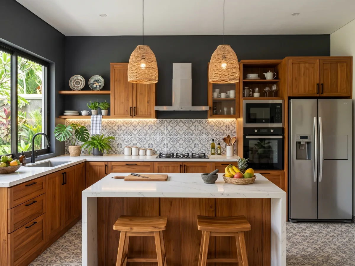 Dapur bergaya maskulin dan modern dengan dinding abu-abu gelap, dominasi furnitur kayu bernuansa hangat, dan backsplash bermotif klasik yang unik.