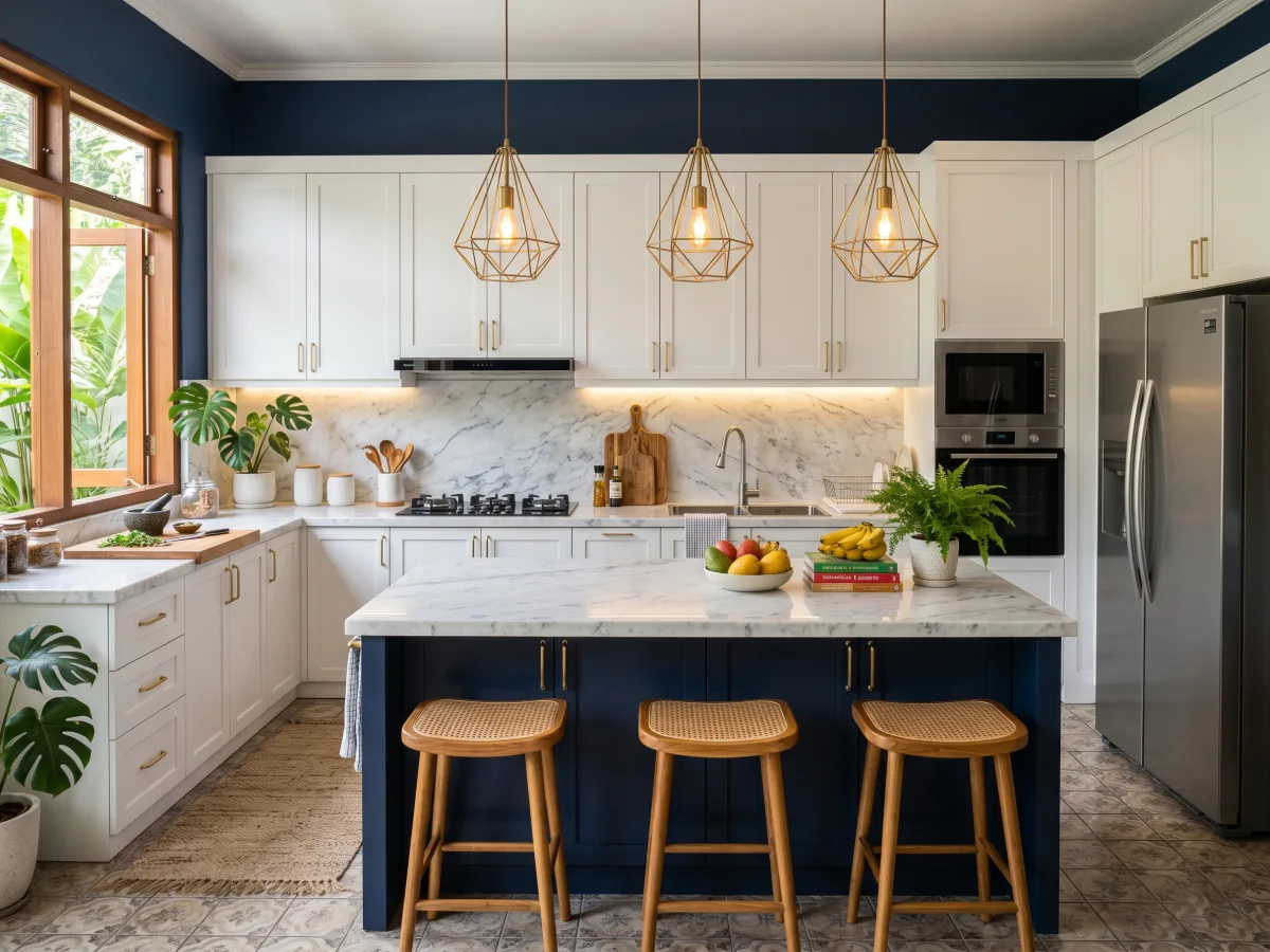 Tampilan dapur elegan memadukan aksen biru navy pada meja island dan dinding, berpadu dengan kabinet putih, backsplash marmer mewah, serta lampu gantung geometris emas.
