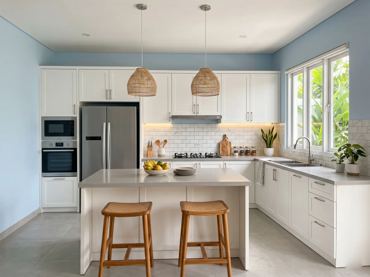 Dapur bernuansa cerah dengan cat dinding biru pastel, kabinet serba putih, kursi bar kayu, dan pencahayaan alami yang maksimal dari jendela.
