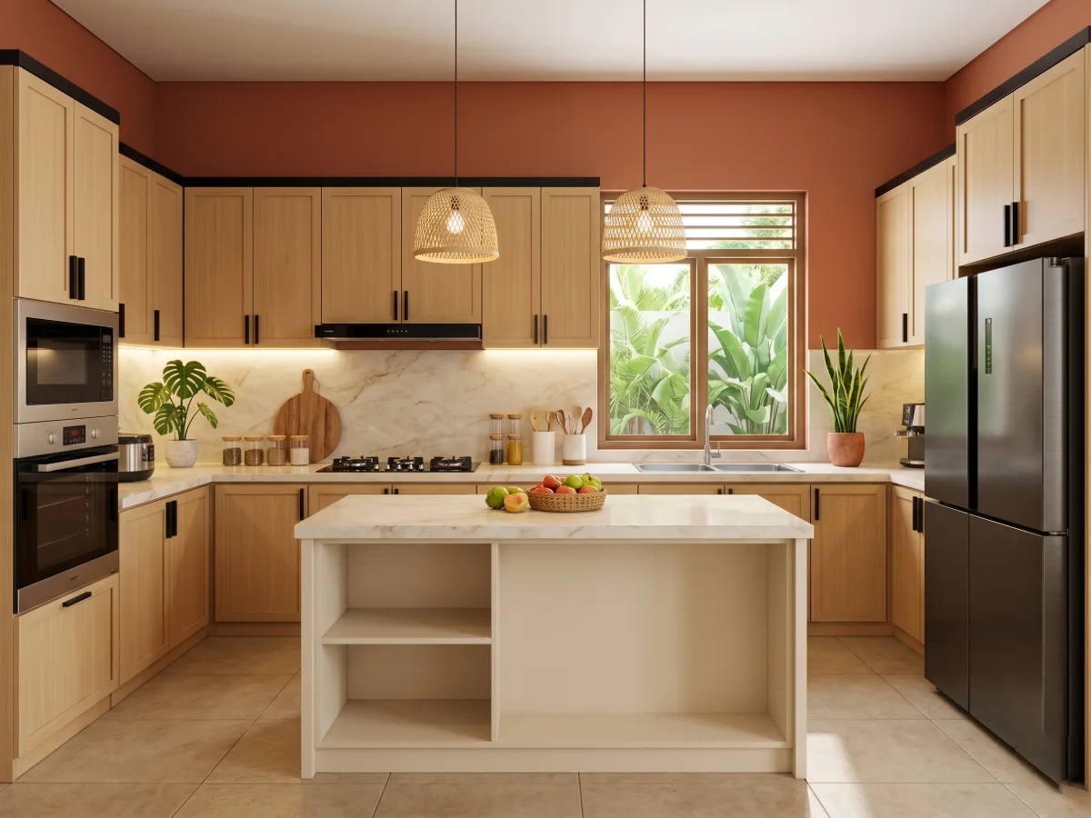 Suasana dapur tropis yang hangat dengan perpaduan dinding warna terracotta, furnitur kabinet kayu, dan meja island putih minimalis.