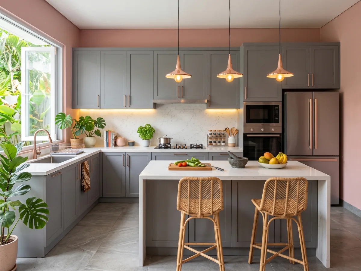 Inspirasi dapur kekinian dengan dinding pink dusty yang lembut, kabinet abu-abu modern, kursi bar rotan, dan lampu gantung berwarna rose gold.