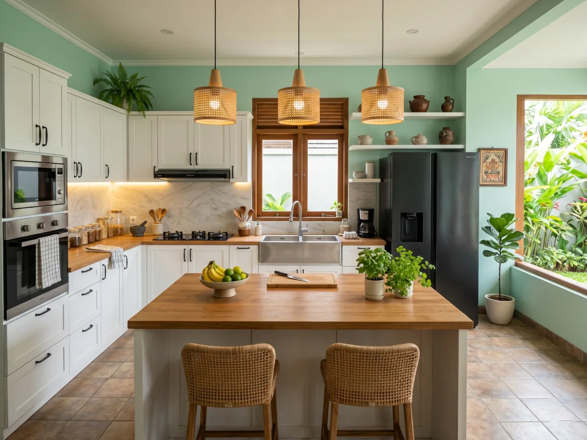 Desain dapur segar dengan dinding hijau mint yang ceria, kabinet putih, meja dapur kayu natural, dan pemandangan taman tropis dari jendela.