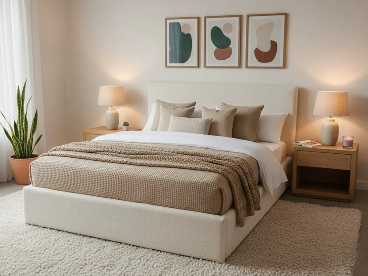 Kamar tidur aesthetic dengan warna cat warm beige, dipadukan tempat tidur minimalis, lampu meja hangat, dan dekorasi netral yang terlihat rapi.