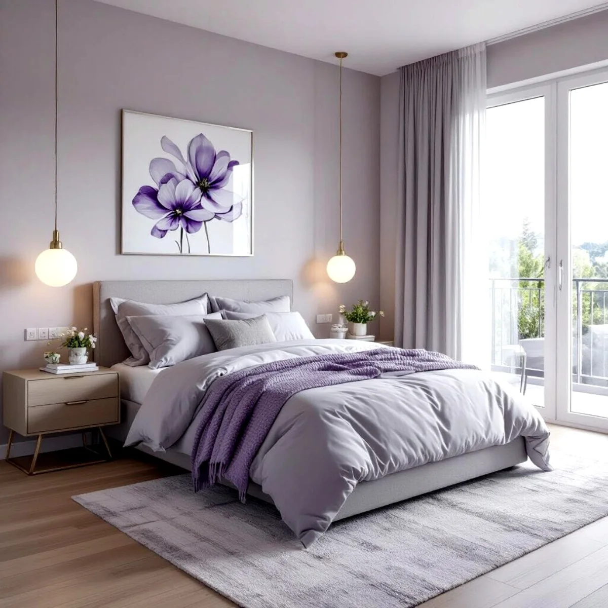 Desain kamar tidur elegan dengan cat dinding ungu lilac lembut, lampu gantung emas, dan lukisan bunga bernuansa senada.