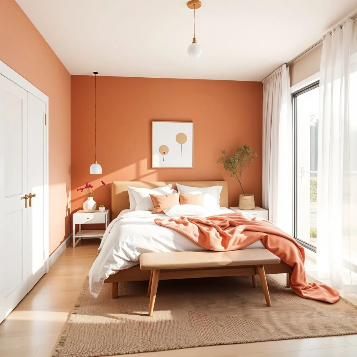 Kamar tidur hangat dengan dinding aksen warna oranye terakota (terracotta), furnitur kayu, dan pencahayaan alami yang terang.