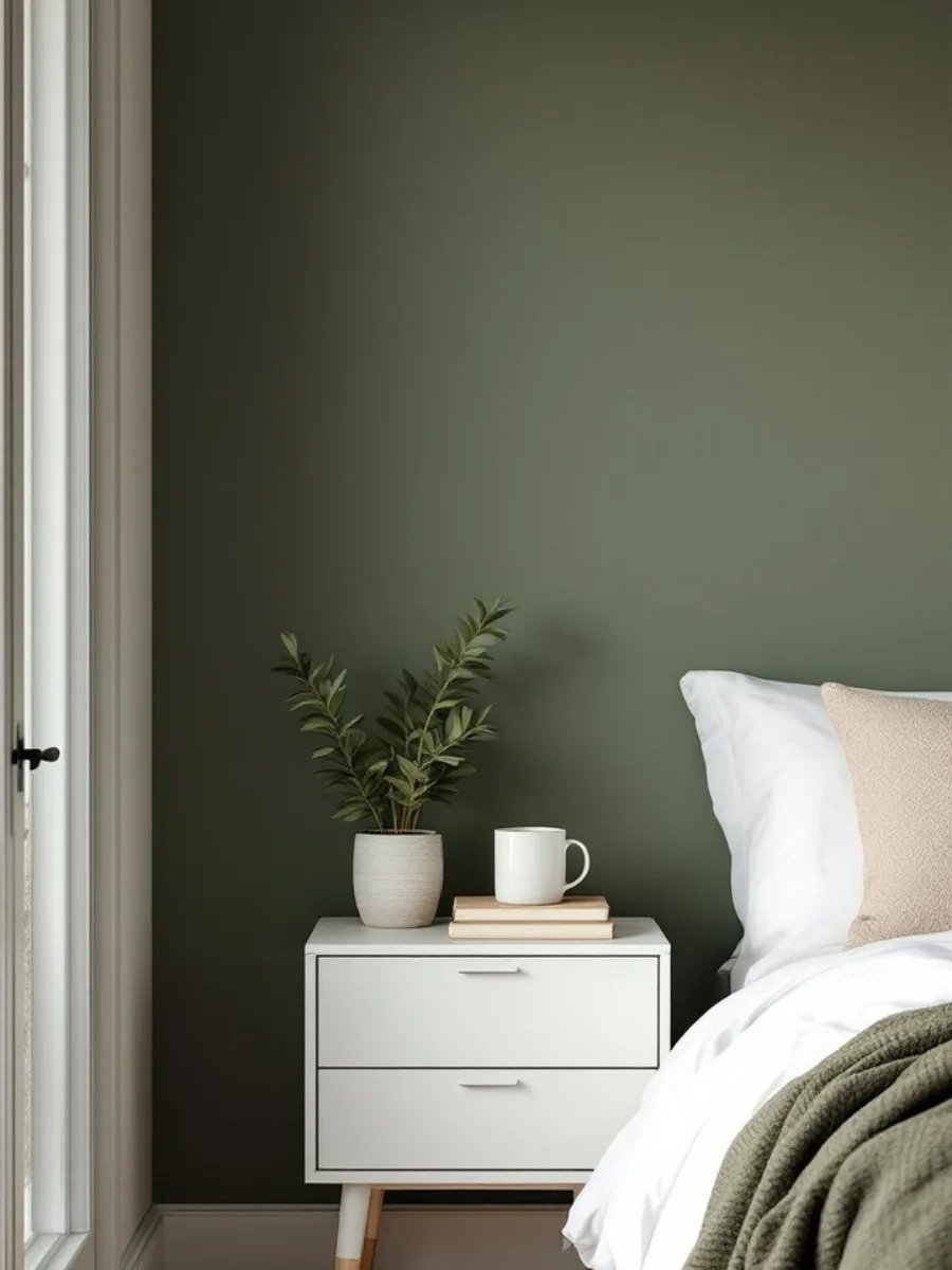 Sudut kamar tidur minimalis dengan cat dinding warna hijau olive tua (zaitun) yang memberikan kesan tenang dan maskulin.