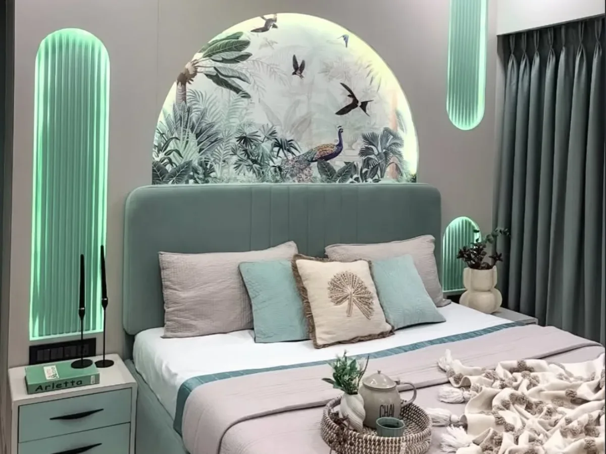 Desain kamar 3x3 untuk suami istri dengan nuansa hijau mint, headboard modern, dan pencahayaan estetik minimalis